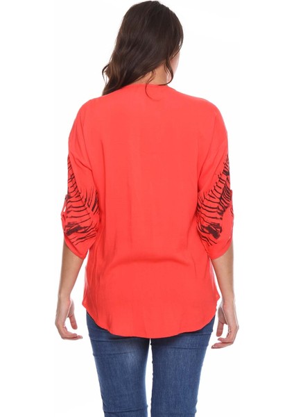 Baskılı Taş Detay Büyük Beden Gömlek Bluz Mercan fırsatları