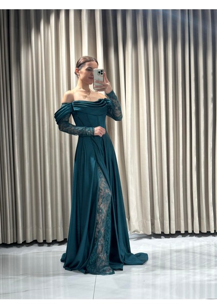 Zümrüt Yeşili Kayık Yaka Dantel Kollu Abiye Elbise 5561 fiyatları