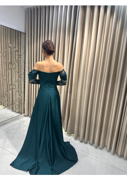 Zümrüt Yeşili Kayık Yaka Dantel Kollu Abiye Elbise 5561 indirimleri