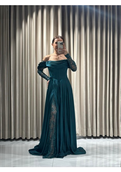 Zümrüt Yeşili Kayık Yaka Dantel Kollu Abiye Elbise 5561