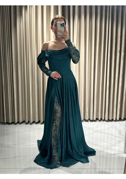 Zümrüt Yeşili Kayık Yaka Dantel Kollu Abiye Elbise 5561 fırsatları