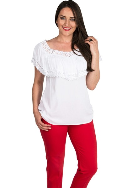 Fırfırlı Dantel Yaka Büyük Beden Bluz Beyaz