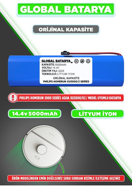 Philips Homerun 3000 Serisi Aqua XU3000-02 Uyumlu Batarya 14.4V 5000MAH Li-Ion Pil (Orijinal Kapasite)