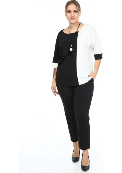 Zerotantik Iki Renk Kolyeli Büyük Beden Bluz Siyah-Ekru