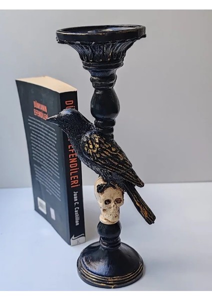 Gotik Tasarım Siyah Kuş ve Kafatası Şamdan, Ev Dekoru, Masa Dekoru, Obje, Hediyelik, Öğretmenler Günü, Anneler Günü