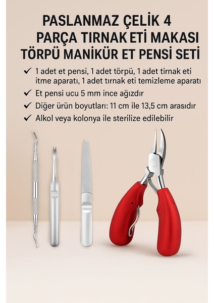 Pazlanmaz Çelik 4 Parça Tırnak Eti Makası Törpü Manikür Et Pensi Seti CIN648KR indirimleri
