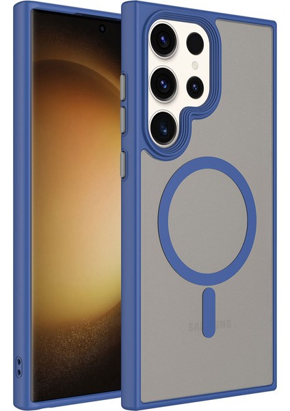 Galaxy S23 Ultra Kılıf Mat Arka Yüzey Wireless Şarj Özellikli Senk Flet Magsafe Kapak-Mavi