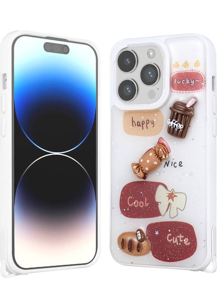 Apple iPhone 14 Pro Kılıf Parlayan Sıvılı Simli Kabartma Figürlü Senk Cevze Kapak-Beyaz