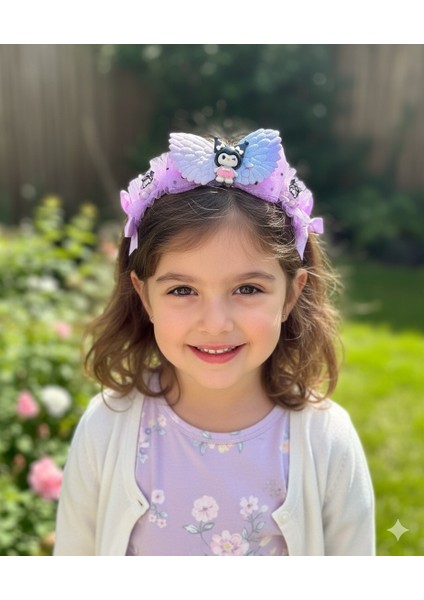 Kız Çocuk Kuromi Figürlü Simli Kanatlı Kurdeleli Mor Renk Tüllü Taç 1 Adet