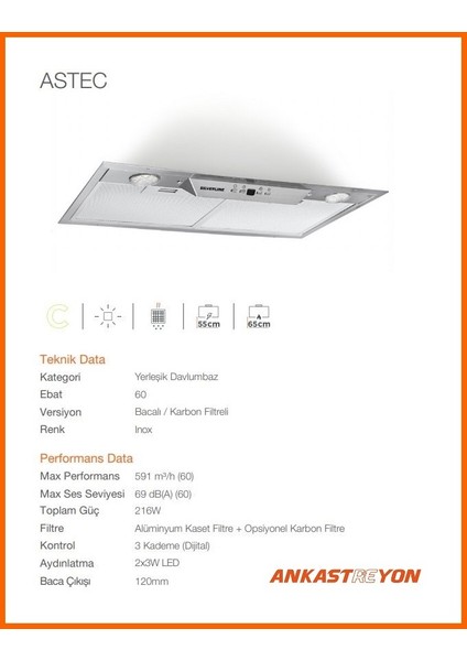 1170 Aspiratör Ankastre Astec 60 cm Inox fiyatları