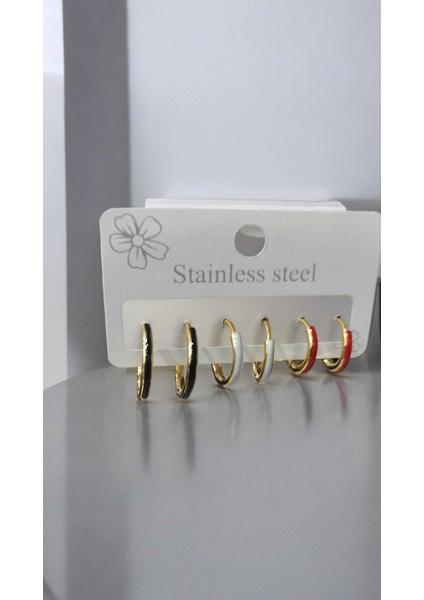 Kadın Çelik 3 Renk 3 Çift Küpe Altın Renk