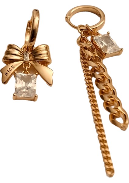 Kadın Çelik Zincir Fiyonk Uclu Taşlı Küpe Altın Renk