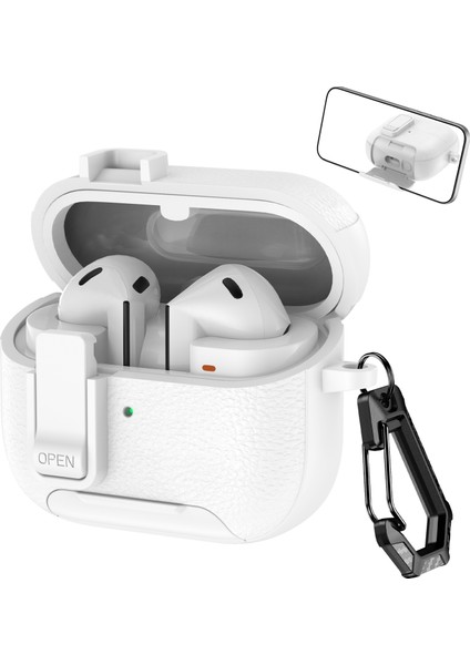 Samsung Galaxy Buds3 Pro / Buds3 Koruyucu Kılıf Standlı Litchi Dokulu Tpu + Kilitli ve Karabinalı Pc Kulaklık Kılıfı (Yurt Dışından)