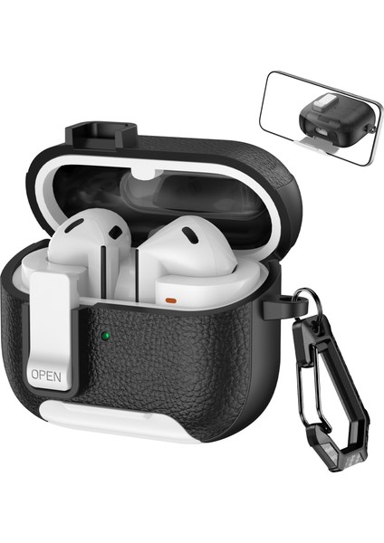 Samsung Galaxy Buds3 Pro / Buds3 Koruyucu Kılıf Standlı Litchi Dokulu Tpu + Kilitli ve Karabinalı Pc Kulaklık Kılıfı (Yurt Dışından)