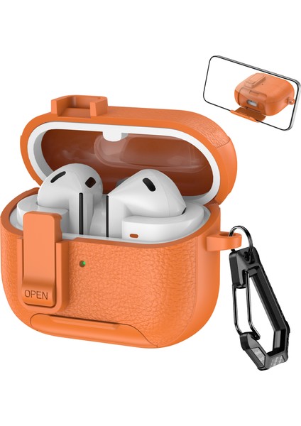 Samsung Galaxy Buds3 Pro / Buds3 Koruyucu Kılıf Standlı Litchi Dokulu Tpu + Kilitli ve Karabinalı Pc Kulaklık Kılıfı (Yurt Dışından)