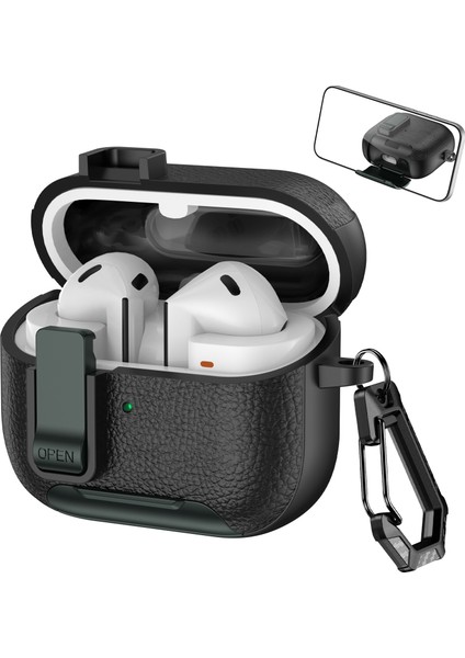 Samsung Galaxy Buds3 Pro / Buds3 Koruyucu Kılıf Standlı Litchi Dokulu Tpu + Kilitli ve Karabinalı Pc Kulaklık Kılıfı (Yurt Dışından)