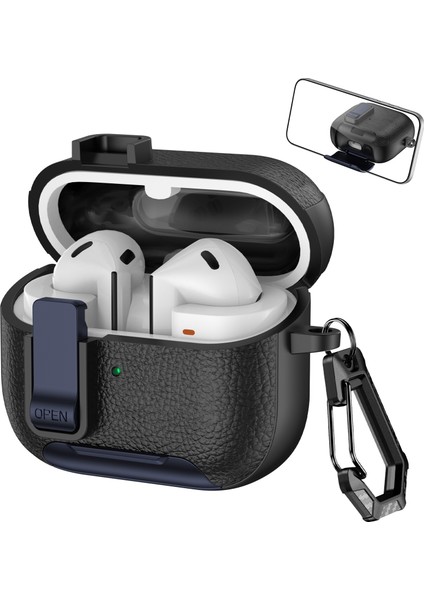 Samsung Galaxy Buds3 Pro / Buds3 Koruyucu Kılıf Standlı Litchi Dokulu Tpu + Kilitli ve Karabinalı Pc Kulaklık Kılıfı (Yurt Dışından)