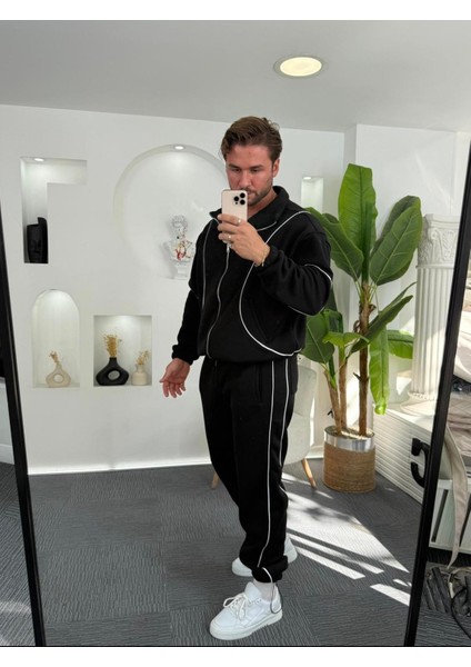 Wilfred Siyah - Gri Relax Fit Pamuklu Basıc Şerit Detaylı Rahat Kalıp Erkek Eşofman Takımı