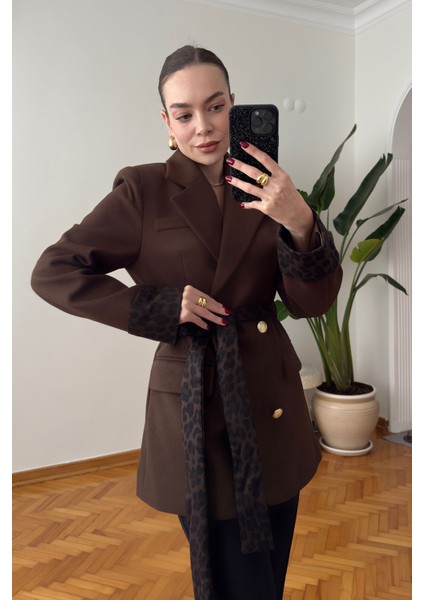 Oliselle Leopar Kemerli Kaşe Ceket- Kahverengi