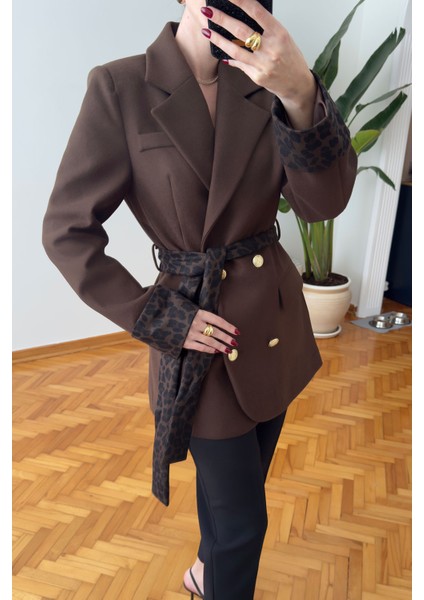 Oliselle Leopar Kemerli Kaşe Ceket- Kahverengi fiyatları