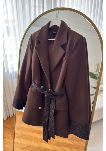 Oliselle Leopar Kemerli Kaşe Ceket- Kahverengi modelleri