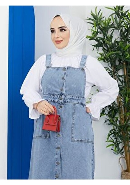 Kadın Kot Bahçıvan Salopet Uzun Kol Kare Yaka Düz Desen Mavi Renk fırsatları