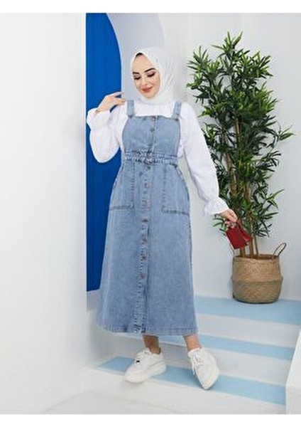 Kadın Kot Bahçıvan Salopet Uzun Kol Kare Yaka Düz Desen Mavi Renk indirimleri