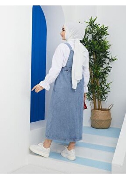 Kadın Kot Bahçıvan Salopet Uzun Kol Kare Yaka Düz Desen Mavi Renk