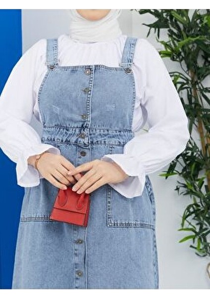 Kadın Kot Bahçıvan Salopet Uzun Kol Kare Yaka Düz Desen Mavi Renk