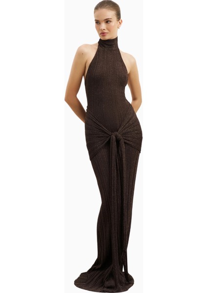 Fine Knit Gathered Halter Neck Maxi Dress Shimmer Ribbed Knit Kadın Elbise