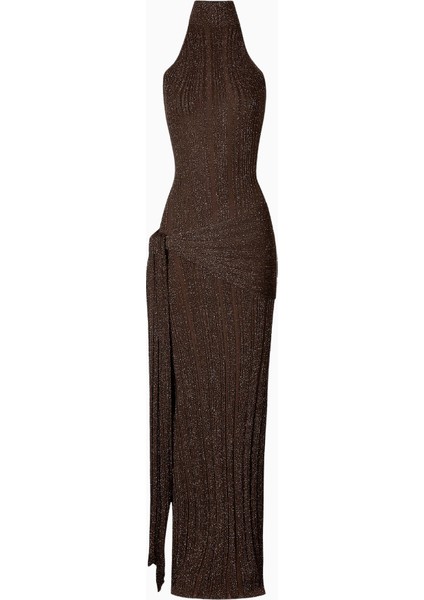 Fine Knit Gathered Halter Neck Maxi Dress Shimmer Ribbed Knit Kadın Elbise fiyatları