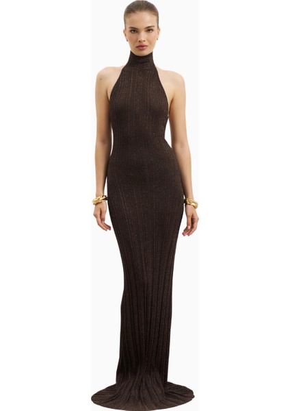 Fine Knit Gathered Halter Neck Maxi Dress Shimmer Ribbed Knit Kadın Elbise indirimleri