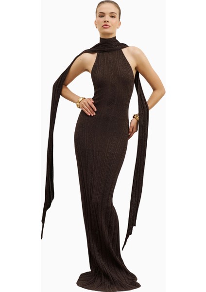 Fine Knit Gathered Halter Neck Maxi Dress Shimmer Ribbed Knit Kadın Elbise