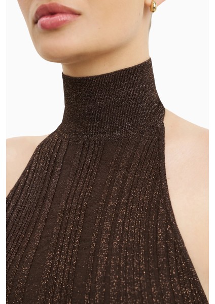 Fine Knit Gathered Halter Neck Maxi Dress Shimmer Ribbed Knit Kadın Elbise
