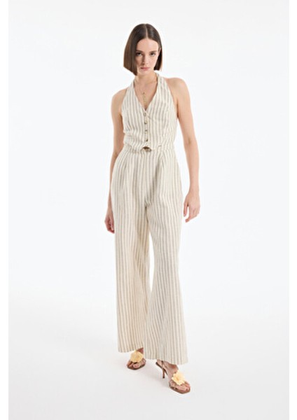 Halter Yakalı Çizgili Uzun Tulum Naturel