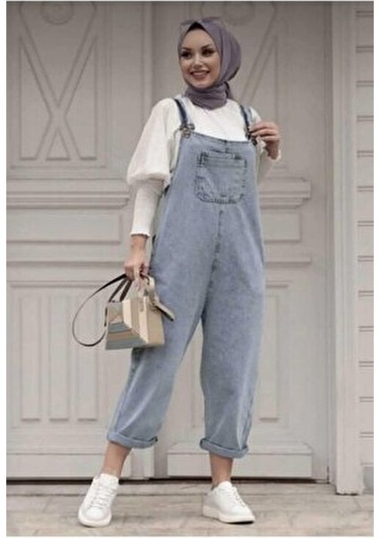 Kadın Cepli Askılı Kot Tulum Pamuk Polyester Karışımı Modern Tasarım Mavi