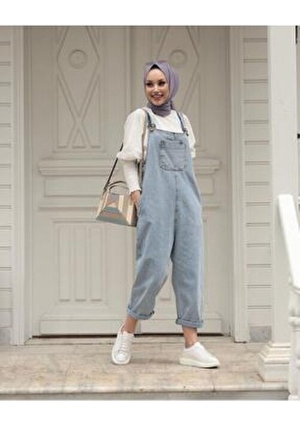 Kadın Cepli Askılı Kot Tulum Pamuk Polyester Karışımı Modern Tasarım Mavi