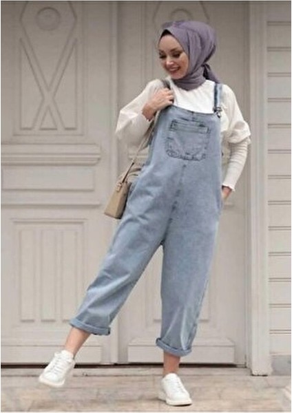 Kadın Cepli Askılı Kot Tulum Pamuk Polyester Karışımı Modern Tasarım Mavi