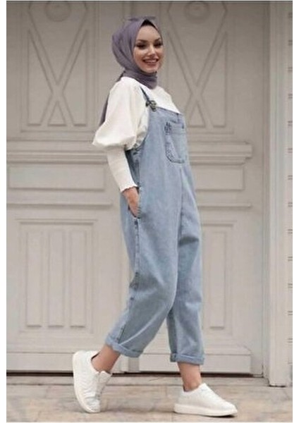 Kadın Cepli Askılı Kot Tulum Pamuk Polyester Karışımı Modern Tasarım Mavi