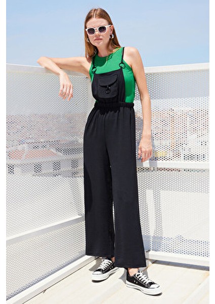 Siyah Askılı Bahçıvan Tulum Kadın Kısa Kol Düz Desen %97 Polyester