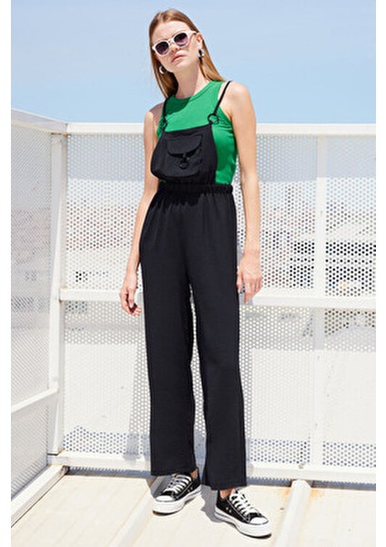 Siyah Askılı Bahçıvan Tulum Kadın Kısa Kol Düz Desen %97 Polyester