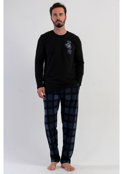 Erkek Siyah Uzun Kollu Bisiklet Yaka Kareli Alt 2 Iplik Pijama Takımı C1T8N1305