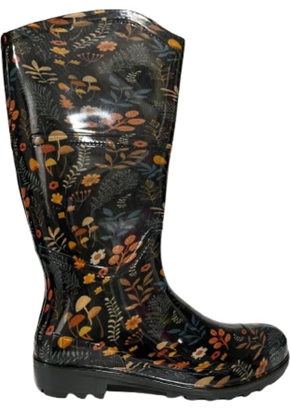Kadın Yeşil-Bej Çiçekli 35 cm Uzun Bahçe Yağmur Çizmesi EMKK309-210