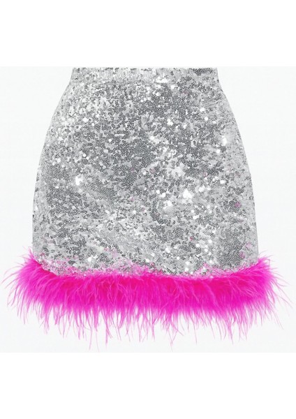 Kadın Gümüş Payetli Tüylü Mini Etek