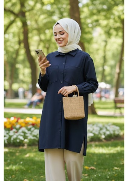 Düğmeli Lacivert Tesettür Puane Gömlek 10564L