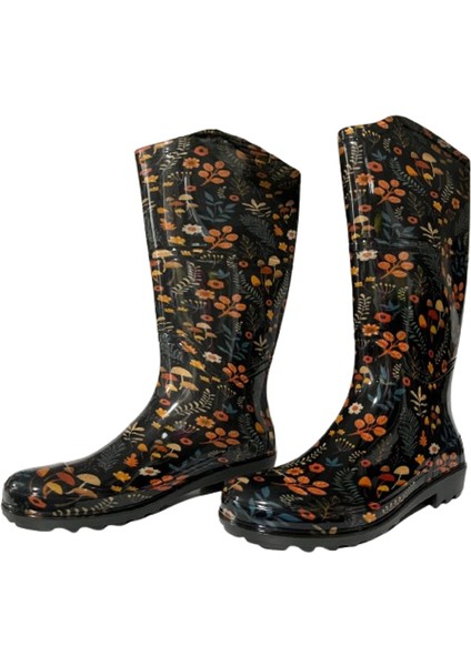 Kadın Yeşil-Bej Çiçekli 35 cm Uzun Bahçe Yağmur Çizmesi EMKK309-210 modelleri