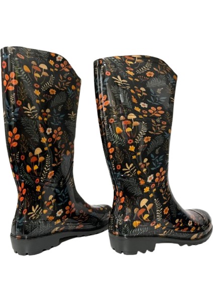 Kadın Yeşil-Bej Çiçekli 35 cm Uzun Bahçe Yağmur Çizmesi EMKK309-210