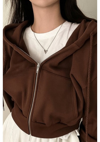 Kahverengi Crop Top Kalın Kumaş Fermuarlı Unisex Kapüşonlu Sweatshirt fiyatları