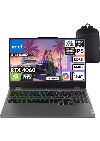 Loq I5-12450HX 16-Gbddr5 1 Tbssd RTX4060 (8GB-105W) 15.6" Fhd Windows 11 Home + Hmf Sırt Çantası 83GS00PHTRHMF43