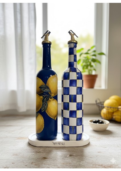 750 ml El Yapımı Mavi Limon ve Dama Desenli 2’li Cam Yağdanlık Seti – Gold Başlıklı Dekoratif Tarz fiyatları